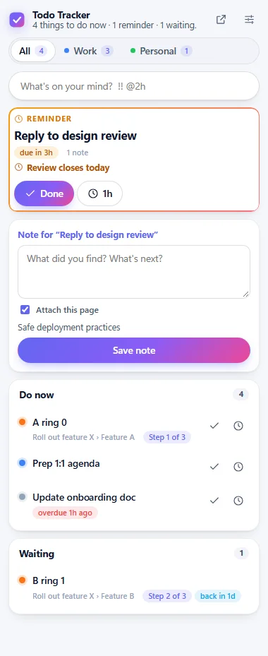 The browser side panel: group tabs, the focus card, Do now and quick capture.