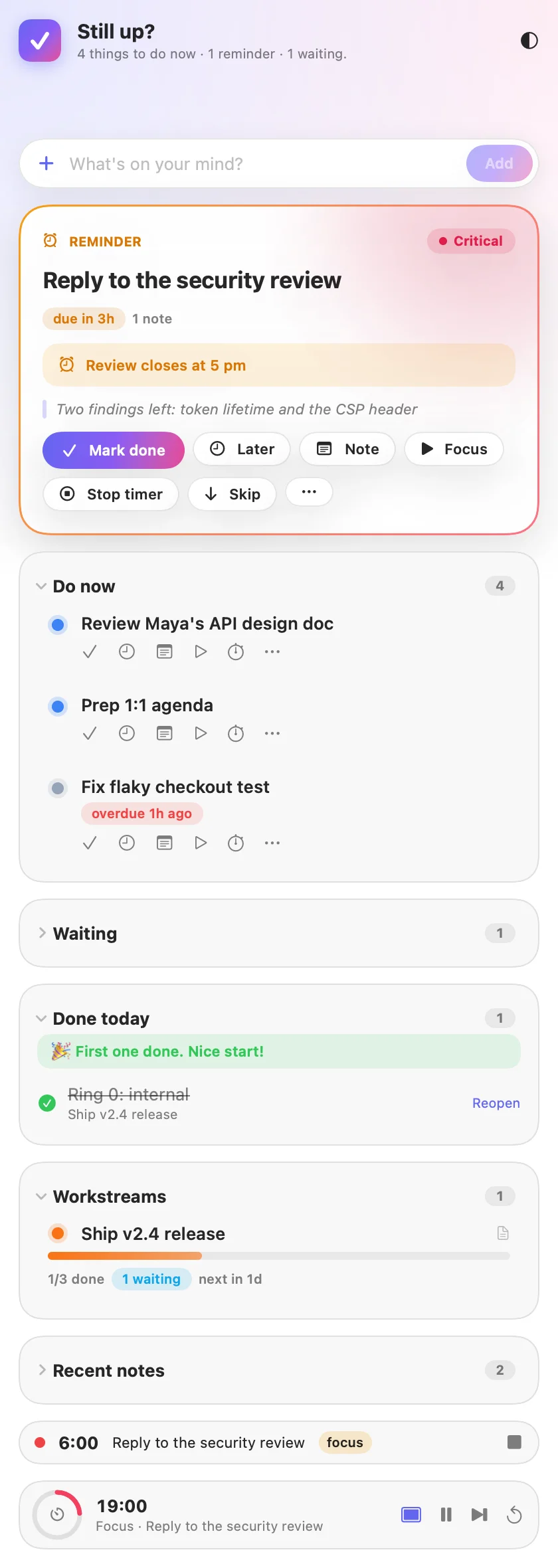 The Mac and iPhone app: the Do this now card, Do now, Waiting, Done today and Workstreams.