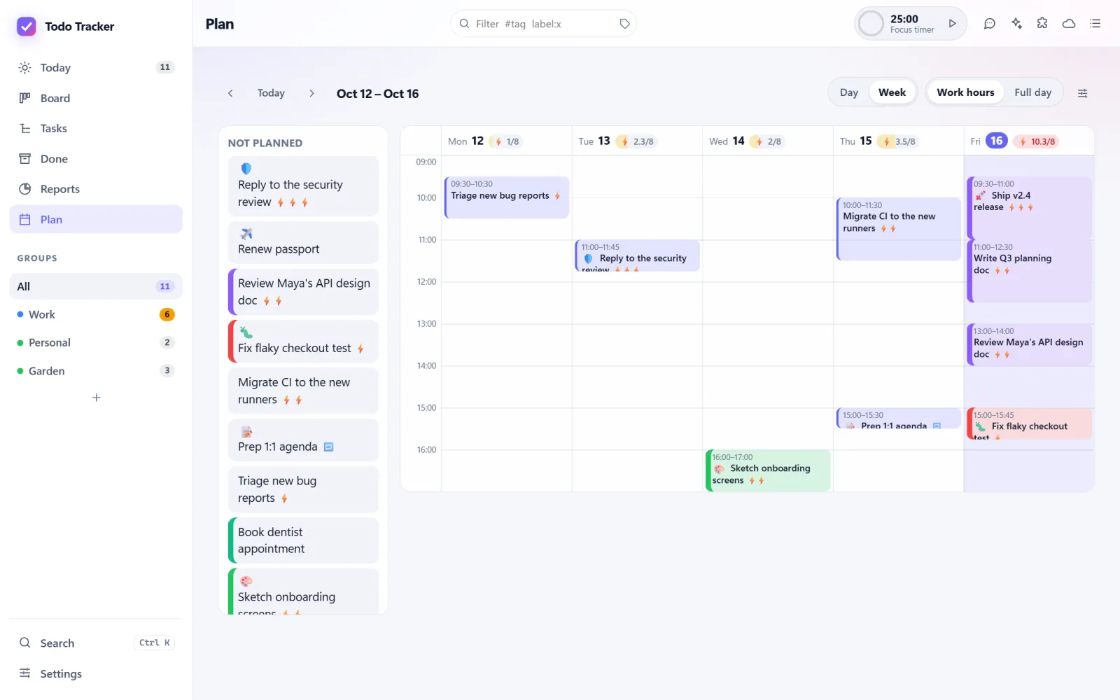 Plan: a week as a time grid with blocks of work, and tasks not planned yet on the side.
