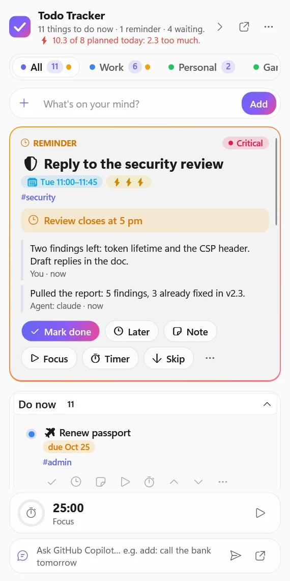 The Windows sidebar: the Do this now card, Do now, a focus timer and an Ask AI box.